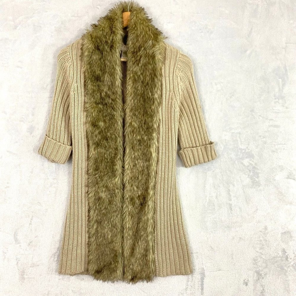 Kenar Wool Alpaca Faux Fur Cardigan Sweater Womens Large 3/4 Sleeve Open Mobwife